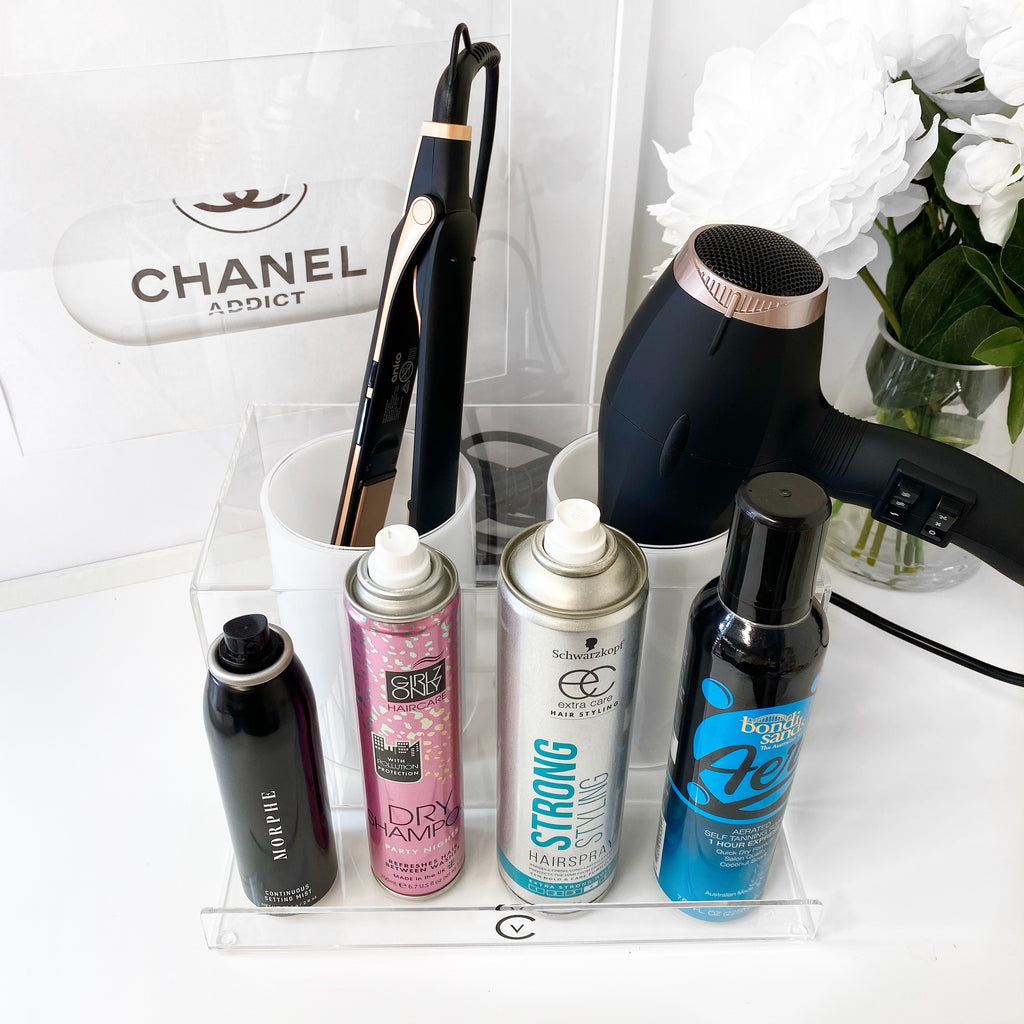 Using our VC HAIR CADDY to store hair tool products and our acrylic dr, Hair Tool Organizer